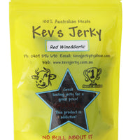 Red Wine&garlic 100g beef jerky bag. Australian beef jerky co made from australian beef and manufactured in central Queensland. aussi beef jerky. With recycable bag.