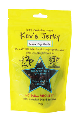 Honey Soy&garlic 100g beef jerky bag. Australian beef jerky co made from australian beef and manufactured in central Queensland. aussi beef jerky.