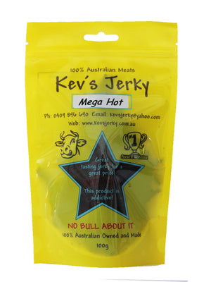 Mega Hot 100g beef jerky bag. Australian beef jerky co made from australian beef and manufactured in central Queensland. aussi beef jerky.