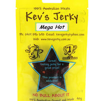 Mega hot 2 40g beef jerky bag. Australian beef jerky co made from australian beef and manufactured in central Queensland. aussi beef jerky. With recycable bag.