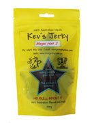Mega hot 2 100g beef jerky bag. Australian beef jerky co made from australian beef and manufactured in central Queensland. aussi beef jerky. With recycable bag.