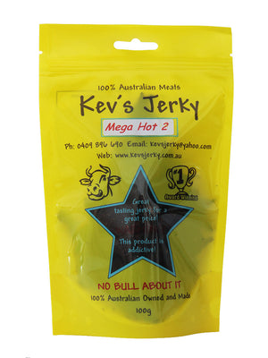 Mega hot 2 100g beef jerky bag. Australian beef jerky co made from australian beef and manufactured in central Queensland. aussi beef jerky. With recycable bag.