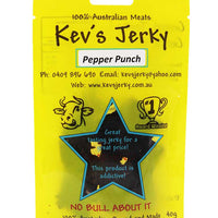 Pepper Punch 40g beef jerky bag. Australian beef jerky co made from australian beef and manufactured in central Queensland. aussi beef jerky. With recycable bag.