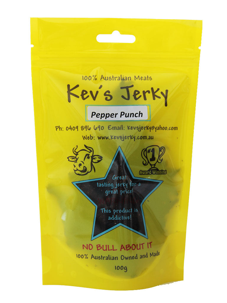 Pepper Punch 100g beef jerky bag. Australian beef jerky co made from australian beef and manufactured in central Queensland. aussi beef jerky. With recycable bag.