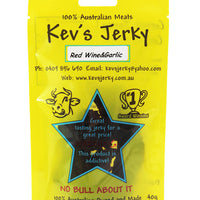 Red Wine&garlic 40g beef jerky bag. Australian beef jerky co made from australian beef and manufactured in central Queensland. aussi beef jerky. With recycable bag.