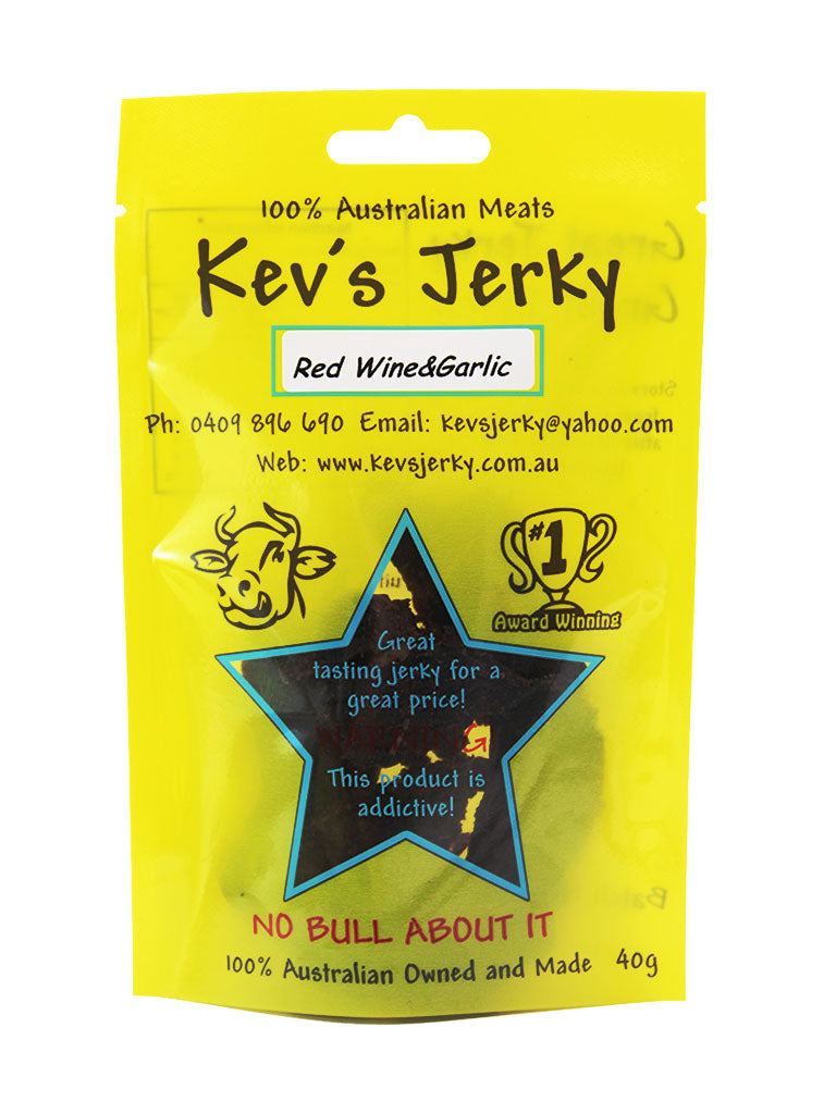Red Wine&garlic 40g beef jerky bag. Australian beef jerky co made from australian beef and manufactured in central Queensland. aussi beef jerky. With recycable bag.