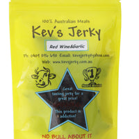 Red Wine&garlic 100g beef jerky bag. Australian beef jerky co made from australian beef and manufactured in central Queensland. aussi beef jerky. With recycable bag.