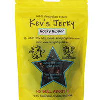Rocky Ripper 100g Award winning beef jerky bag. Australian beef jerky co made from australian beef and manufactured in central Queensland. aussi beef jerky. With recycable bag.