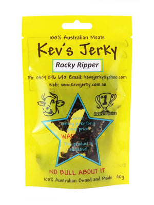 Rocky Ripper 40g Award winning beef jerky bag. Australian beef jerky co made from australian beef and manufactured in central Queensland. aussi beef jerky. With recycable bag.