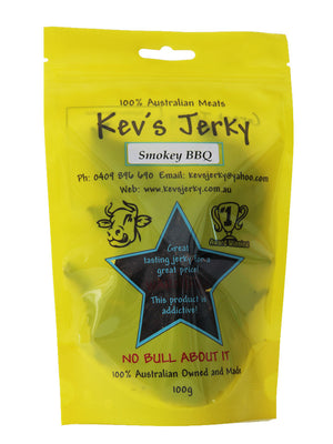 Smokey BBQ 100g Double smoked Award winning beef jerky bag. Australian beef jerky co made from australian beef and manufactured in central Queensland. aussi beef jerky. With recycable bag. Best beef jerky