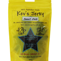 Sweet Chilli 100g Award winning beef jerky bag. Australian beef jerky co made from australian beef and manufactured in central Queensland. aussi beef jerky. With recycable bag. Best beef jerky