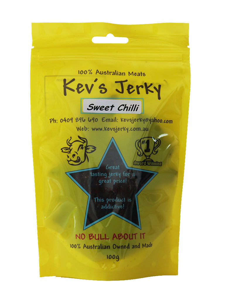 Sweet Chilli 100g Award winning beef jerky bag. Australian beef jerky co made from australian beef and manufactured in central Queensland. aussi beef jerky. With recycable bag. Best beef jerky