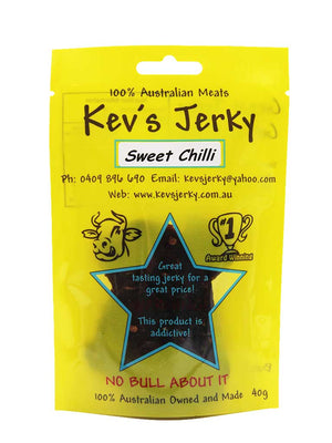 Sweet Chilli 40g Award winning beef jerky bag. Australian beef jerky co made from australian beef and manufactured in central Queensland. aussi beef jerky. With recycable bag. Best beef jerky