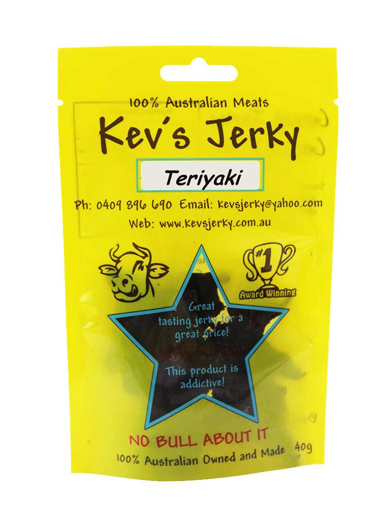 Teriyaki 40g beef jerky bag. Australian beef jerky co made from australian beef and manufactured in central Queensland. aussi beef jerky. With recycable bag. Best beef jerky