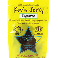 Vegimite 40g beef jerky bag. Australian beef jerky co made from australian beef and manufactured in central Queensland. aussi beef jerky. With recycable bag. Best beef jerky