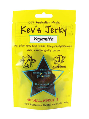 Vegimite 40g beef jerky bag. Australian beef jerky co made from australian beef and manufactured in central Queensland. aussi beef jerky. With recycable bag. Best beef jerky