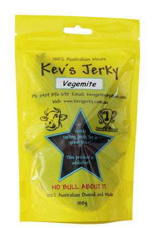 Vegimite 100g beef jerky bag. Australian beef jerky co made from australian beef and manufactured in central Queensland. aussi beef jerky. With recycable bag. Best beef jerky